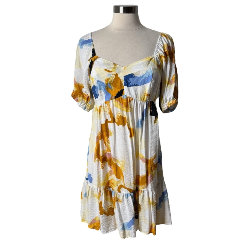 Nine West Printed Babydoll Mini Dress Smocked Back Ruffle Bottom Womens Medium‎